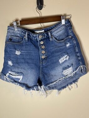 KanCan Distressed Denim Shorts Raw Hem Button-Fly - Size 7/27 Inseam 3.5”